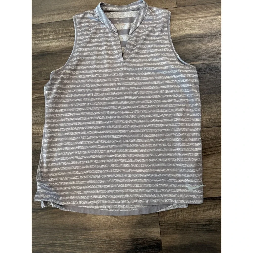 Nike Zonal Cooling Golf Polo Womens Large Grey Striped Sleeveless V-Neck Top
